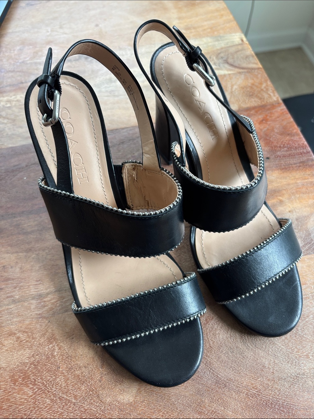 Coach Black Leather Beaded-Trim Slingback Heels